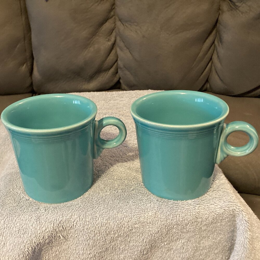 Fiestaware 1988 Coffee Mugs (2) Turquoise Ring Handle Homer Laughlin-3.5" H-EUC